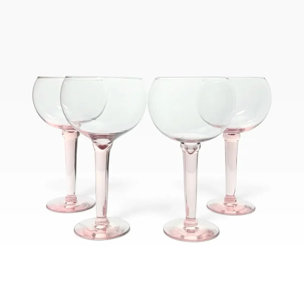 1980s Vintage 4 Blush Pink Blown Large Balloon Bowl Wine Glasses 8 1/2” 22oz